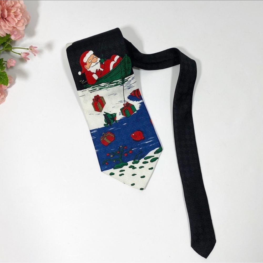 Vintage Hallmark Santa Fishing Presents Black Necktie